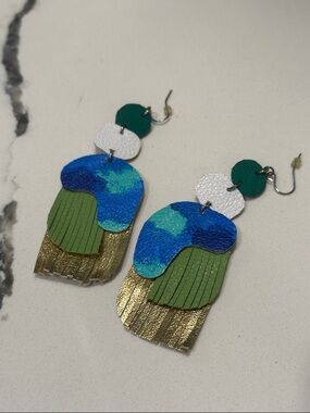 Handmade Layered Fringe Earrings - Blue, Green & Gold